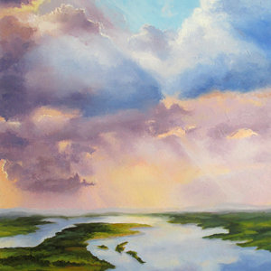 a painting of a long distance view of a river and land with big sky