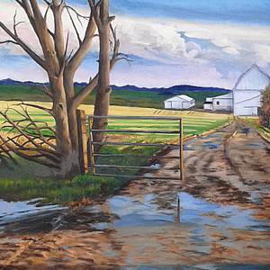 a painting of a farm after a storm