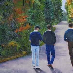 a painting of friends walking on a country road