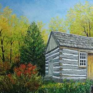 a painting of a Historic Cabin at Balls Falls