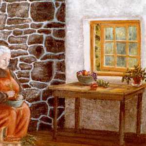 a painting of an old woman in her kitchen