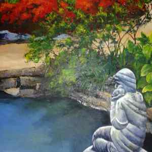 painting of a pond and statue at the RBG