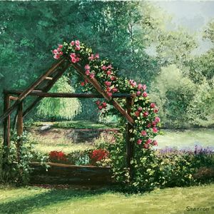 a painting of a Rose arbour and Frog pond