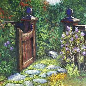 a painting of a gate leading to a secret garden