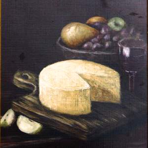 Painting of Cheese, fruit and wine