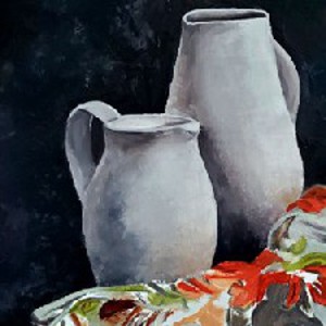 White jugs and a colourful shawl