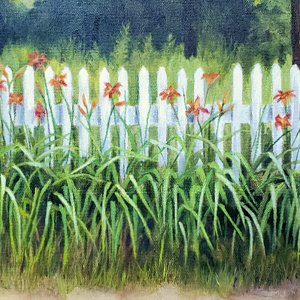 Painting of tiger lilies growing along a fence